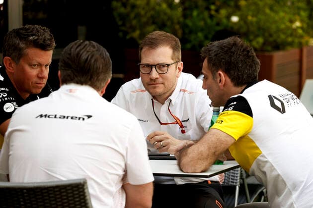 Motorsports: FIA Formula One World Championship, WM, Weltmeisterschaft 2020, Grand Prix of Australia, Marcin Budkowski (POL, Renault F1 Team), Andreas Seidl (GER, McLaren F1 Team), Cyril Abiteboul (FRA, Renault F1 Team), Zak Brown (USA, McLaren F1 Team), Melbourne Australia