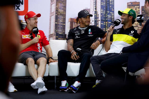 Motorsports: FIA Formula One World Championship, WM, Weltmeisterschaft 2020, Grand Prix of Australia, 5 Sebastian Vettel (GER, Scuderia Ferrari Mission Winnow), 44 Lewis Hamilton (GBR, Mercedes-AMG Petronas Formula One Team), 3 Daniel Ricciardo (AUS, Renault F1 Team), Melbourne Australia