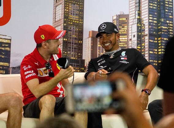 FORMULA 1 ROLEX AUSTRALIAN GRAND PRIX 2020 12 03 2020, Albert Park, Melbourne, FORMULA 1 ROLEX AUSTRALIAN GRAND PRIX 2020 , in picture FIA press conference with Sebastian Vettel GER 5 , Scuderia Ferrari Mission Winnow, Lewis Hamilton GB 44 , Mercedes AMG Petronas Motorsport nordphotoxBratic nph00250
