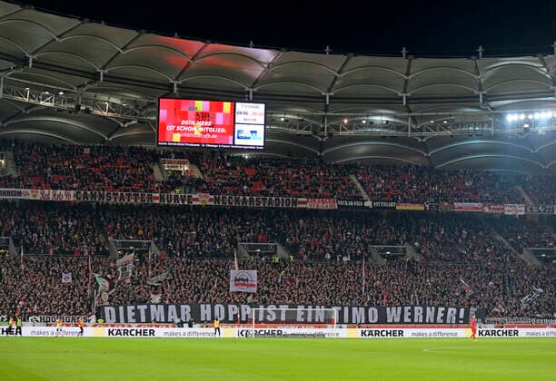 09 03 2020, Football 2 Bundesliga 2019 2020, 25 matchday, VfB Stuttgart Arminia Bielefeld, in the Mercedes Benz Arena in Stuttgart, Stuttgart fan curve Dietmar Hopp is a Timo Werner DFL and DFB regulations prohibit any use of photographs as image sequences and or quasi video