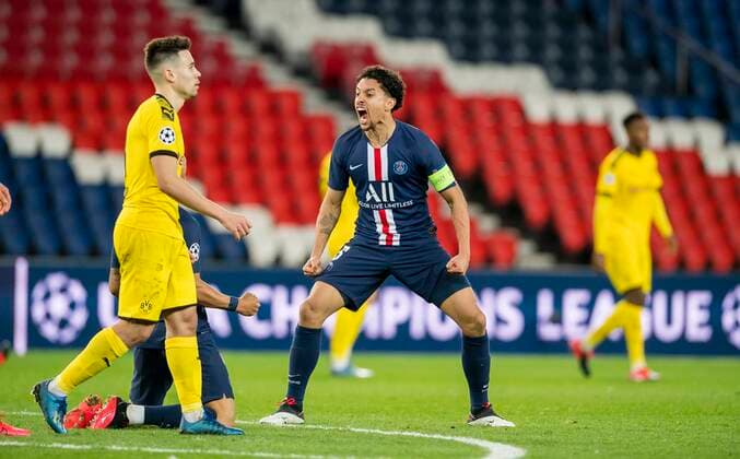PARIS, FRANCE - MARCH 11: Marquinhos of Paris Saint-Germain celebrates during the UEFA Champions League round of 16 second leg match between Paris Saint-Germain and Borussia Dortmund at Parc des Princes on March 11, 2020 in Paris, France. The match is played behind closed doors as a precaution against the spread of COVID-19 (Coronavirus). FOOTBALL : Paris St Germain v Borussia Dortmund - Ligue des Champions - Paris - 11 03 2020 Panoramic Panoramic 