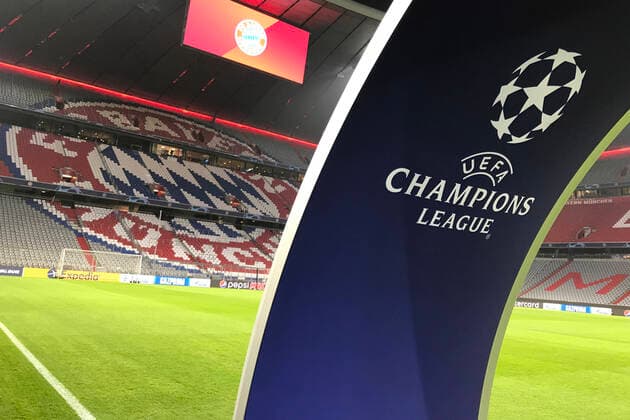 Because of Corona crisis Topic photo Uefa wants to stop the Champions and Europa League games The return match of the last sixteen FC Bayern Muenchen FC Chelsea is threatened with a cancellation of the Champions League, A L L I A N Z A R E N A Empty stadium, corner flag with club emblem, club emblem ghost game, cancellation of the game DFL REGULATIONS PROHIBIT ANY USE OF PHOTOGRAPHS AS IMAGE SEQUENCES AND OR QUASI VIDEO