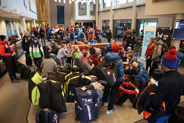 Ski jumping, Skispringen, Ski, nordisch - FIS WC Trondheim TRONDHEIM,NORWAY,12.MAR.20 - NORDIC SKIING, SKI JUMPING - FIS World Cup, large hill, men. Image shows athletes in the hotel lobby. GEPAxpictures xMathiasxMandl