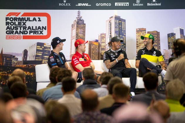 Motorsports: FIA Formula One World Championship, WM, Weltmeisterschaft 2020, Grand Prix of Australia, 6 Nicholas Latifi (CAN, ROKiT Williams Racing), 5 Sebastian Vettel (GER, Scuderia Ferrari Mission Winnow), 44 Lewis Hamilton (GBR, Mercedes-AMG Petronas Formula One Team), 3 Daniel Ricciardo (AUS, Renault F1 Team), Melbourne Australia