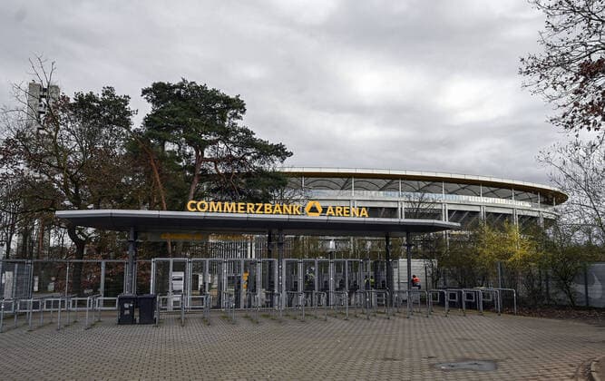 12 03 2020, xjhx, Football UEFA Europa League, Eintracht Frankfurt FC Basel emspor, v l stadium from outside outside view, closed, without spectators fans blocked blocked excluded spectators excluded, corona DFL DFB REGULATIONS PROHIBIT ANY USE OF PHOTOGRAPHS as IMAGE SEQUENCES and or QUASI VIDEO Frankfurt am Main