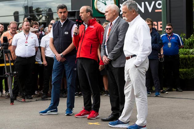 13th March 2020; Melbourne Grand Prix Circuit, Melbourne, Victoria, Australia; Formula One, Australian Grand Prix, Practice Day; Andrew Westacott, Paul Little, Michael Masi, Chase Carey talks to the media about the cancellation of the Grand Prix due to one of the Renault crew being tested positive for the Corona Virus  ActionPlus12217348 StephenxBlackberry