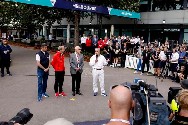 Motorsports: FIA Formula One World Championship, WM, Weltmeisterschaft 2020, Grand Prix of Australia, Michael Masi (AUS, FIA Race Director), Andrew Westacott, Paul Little and Chase Carey (USA, CEO of Formula One Group) during a press conference, PK, Pressekonferenz due to cancellation of the 2020 Australian Grand Prix Melbourne Australia