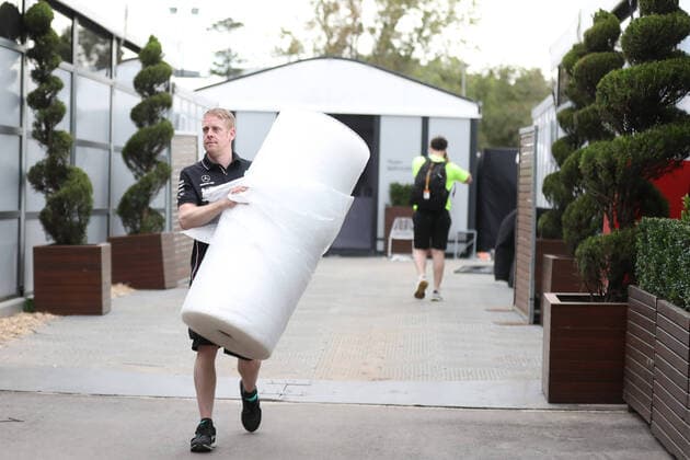 13th March 2020; Melbourne Grand Prix Circuit, Melbourne, Victoria, Australia; Formula One, Australian Grand Prix, Practice Day; Mercedes F1 team starts to prepare to pack up the garage  ActionPlus12217365 Octane