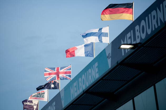 Flag of Germany, Finland, France, Great Britain and Australia waving on the pit roof, Formula 1, Grand Prix of Australia, Albert Park Circuit Melbourne, race cancellation, 13 03 2020 Formula 1, Grand Prix of Australia, Albert Park Circuit Melbourne, race cancellation, 13 03 2020 Melbourne Copyright: xMemmlerx Eibner-Pressefotox EP_mmr