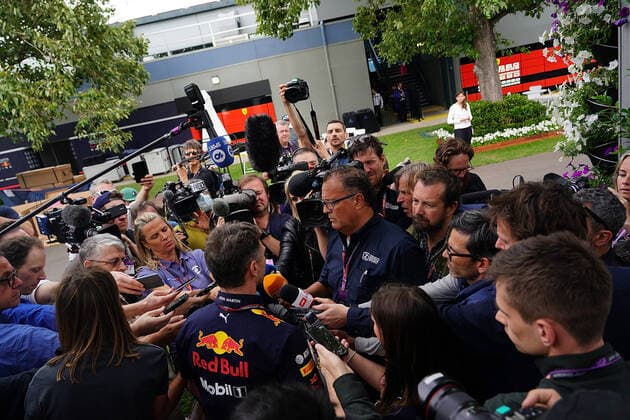 Melbourne, Australia, 13 03 2020, Formula 1, Formula 1, Australian Grand Prix, The race in Melbourne has been cancelled due to the spread of the coronavirus COVID 19 , Christian Horner Red Bull Racing talks to the media about the cancellation Melbourne Albert Park Victoria Australia eu images 09 506 049602  eu-images-506