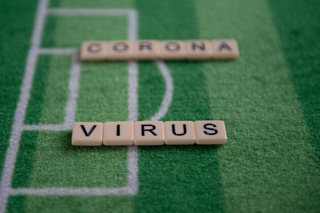 Germany 13 03 2020 Symbolic images Coronavirus The coronavirus causes cancellation of football matches of Bundesliga professionals, concerts or schools are closed Here The word coronavirus on a football carpet Germany