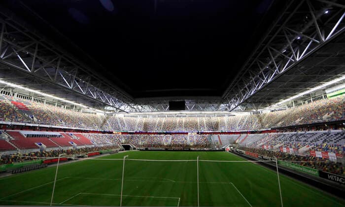 MERKUR SPIEL ARENA Duesseldorf Friday evening 8 pm empty and under emergency lighting DFL game drop-off of the DFL the lights go out DFL Fussball Bundesliga season 2019 2020 Spiel Fortuna SC Paderborn on 13 03 2020 in Duesseldorf DFL REGULATIONS PROHIBIT ANY USE OF PHOTOGRAPHS as IMAGE SEQUENCES and or QUASI VIDEO
