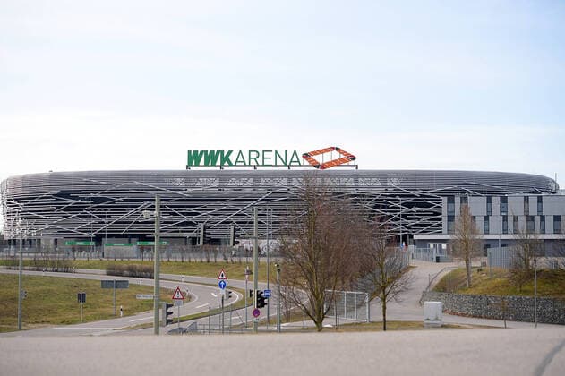 14 03 2020, xemx, Fussball 1 Bundesliga, FC Augsburg, WWK Arena locked emspor, v l WWK Arena view stadium from outside DFL DFB REGULATIONS PROHIBIT ANY USE OF PHOTOGRAPHS as IMAGE SEQUENCES and or QUASI VIDEO Augsburg