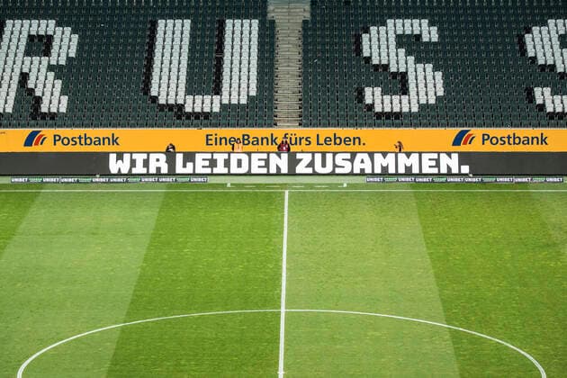 Mönchengladbach, Germany, Borussiapark, 11 03 2020 We suffer together in front of an empty stadium with empty places during the Bundesliga match Borussia Mönchengladbach vs 1 FC Köln in the season 2019 2020 Ghost game, ghost game, coronavirus DFL regulations prohibit any use of photographs as image sequences and or quasi video