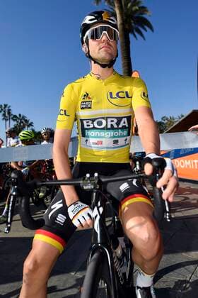 VALDEBLORE LA COLMIANE, FRANCE - MARCH 14 : SCHACHMANN Maximilian (GER) of BORA - HANSGROHE pictured with the yellow jersey at the start of stage 7 of the 78th edition of the Paris - Nice cycling race, a stage of 166,5km with start in Nice and finish in Valdeblore La Colmiane on March 14, 2020 in Valdeblore La Colmiane, France, 14 03 2020 CYCLISME : Paris - Nice 2020 - Etape 7 - Nice Valdeblore-La Colmiane - 14 03 2020 PhotoNews Panoramic 