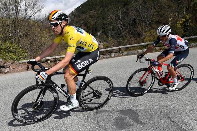 VALDEBLORE LA COLMIANE, FRANCE - MARCH 14 : SCHACHMANN Maximilian (GER) of BORA - HANSGROHE with the yellow jersey in action during stage 7 of the 78th edition of the Paris - Nice cycling race, a stage of 166,5km with start in Nice and finish in Valdeblore La Colmiane on March 14, 2020 in Valdeblore La Colmiane, France, 14 03 2020 CYCLISME : Paris - Nice 2020 - Etape 7 - Nice Valdeblore-La Colmiane - 14 03 2020 PhotoNews Panoramic 