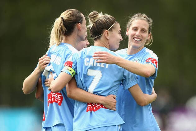 WLEAGUE SEMI MELBOURNE CITY WANDERERS, Rebekah Stott of Melbourne City celebrates with team-mataes during the W-League Semi-final match between Melbourne City and Western Sydney Wanderers at ABD Stadium in Melbourne, Sunday, March 15, 2020. ( NO ARCHIVING, EDITORIAL USE ONLY, NO USE IN BOOKS WITHOUT CONSENT MELBOURNE VIC AUSTRALIA  Copyright: xROBxPREZIOSOx 20200315001456803969