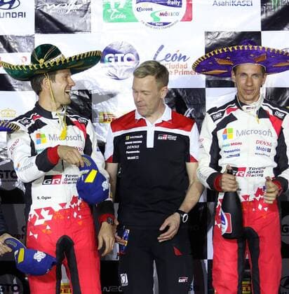 French Pilot Sebastien Ogier (L) and his Co-pilot, Julien Ingrassia (R), celebrate after winning the 2020 Guanajuato Rally, in Leon, Mexico, 14 March 2020. Ogier of Toyota Gazoo Racing team obtained his sixth title of the Rally Mexico 2020 this Saturday on the third date of the World Championship, WM, Weltmeisterschaft that was run in the state of Guanajuato, in the center of the Mexican Republic. EFE Luis Ramírez French Ogier achieves his sixth victory in Mexico on the third date of the WRC, Motorsport Rallye, WM !ACHTUNG: NUR REDAKTIONELLE NUTZUNG! Copyright: xLuisxRamírezx MEX7669 20200315-637198483938117231