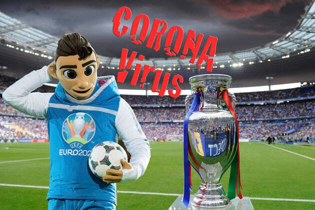 PHOTOMONTAGE Theme picture Because of Corona UEFA EURO 2020 Cancellation of more and more probable mascots, cups, trophy cups