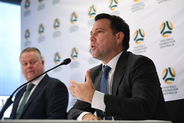 FFA CORONAVIRUS PRESSER, FFA Head of Leagues Greg ORourke (left) and FFA CEO James Johnson speak to the media in Sydney, Monday, March 16, 2020. ( NO ARCHIVING, EDITORIAL USE ONLY, NO USE IN BOOKS WITHOUT CONSENT SYDNEY NSW AUSTRALIA  Copyright: xJOELxCARRETTx 98021896st