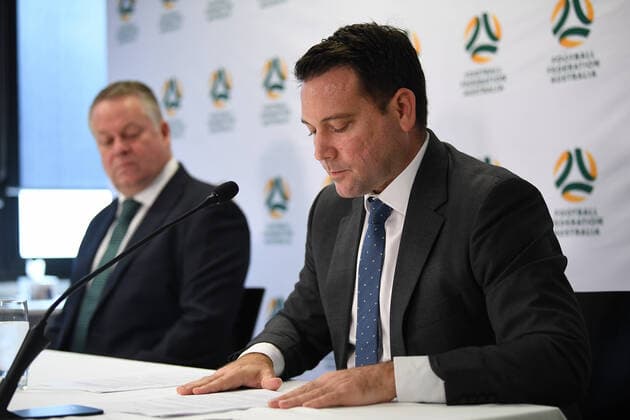 FFA CORONAVIRUS PRESSER, FFA Head of Leagues Greg O Rourke (left) and FFA CEO James Johnson speak to the media in Sydney, Monday, March 16, 2020. ( NO ARCHIVING, EDITORIAL USE ONLY, NO USE IN BOOKS WITHOUT CONSENT SYDNEY NSW AUSTRALIA  Copyright: xJOELxCARRETTx 98021927st