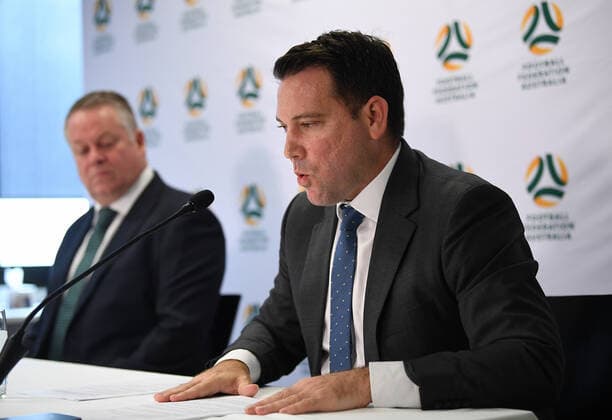 FFA CORONAVIRUS PRESSER, FFA Head of Leagues Greg O Rourke (left) and FFA CEO James Johnson speak to the media in Sydney, Monday, March 16, 2020. ( NO ARCHIVING, EDITORIAL USE ONLY, NO USE IN BOOKS WITHOUT CONSENT SYDNEY NSW AUSTRALIA  Copyright: xJOELxCARRETTx 98021949st