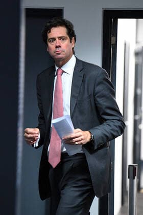 AFL PRESSER, AFL CEO Gillon McLachlan arrives to a press conference, PK, Pressekonferenz at Marvel Stadium in Melbourne, Monday, March 16, 2020. ( NO ARCHIVING, EDITORIAL USE ONLY, NO USE IN BOOKS WITHOUT CONSENT MELBOURNE VIC AUSTRALIA  Copyright: xJAMESxROSSx 20200316001457232275