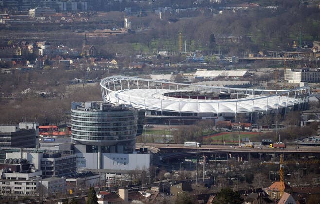 Stuttgart , Football VfB Stuttgart Mercedes Benz Arena , View from Rotenberg to the Arena