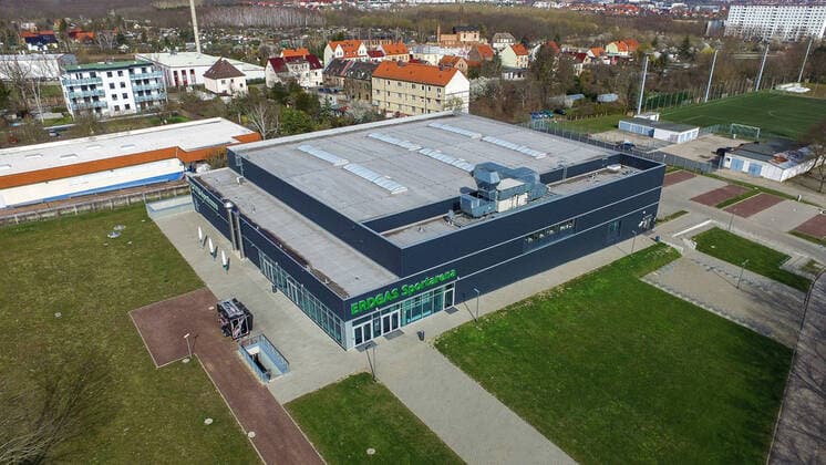 Erdgas Sportarena Venue of the Wildcats and Gisa Lions in the Handball and Basketball Bundesliga The game is stopped because of the Corona Virus Aerial view , Drone shot , DJI Inspire 1 Copyright xVIADATAx xHolgerxJohnx Halle Saale Sachsen Anhalt Germany