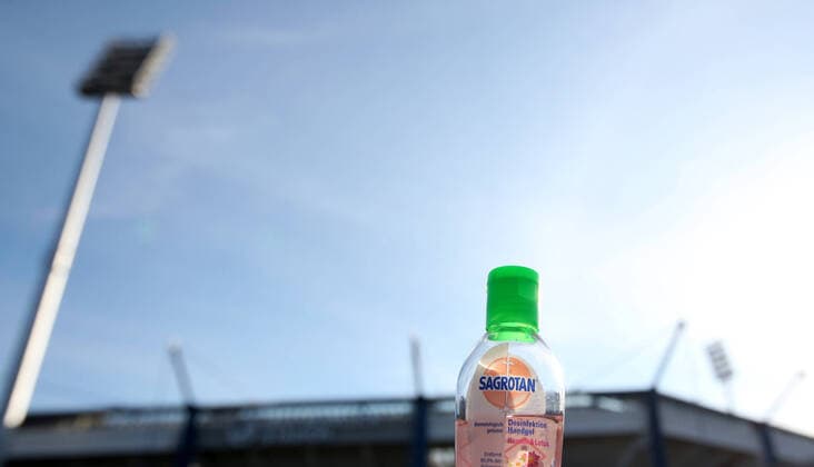 16 03 2020 Sports facility in times of Corona Virus Corona Virus Corona Virus DaMa symbol image symbol photo feature impression Max Morlock Stadium Nuremberg exterior view stadium exterior view in times of Corona Virus Coronavirus disinfection hand gel disinfectant in the foreground