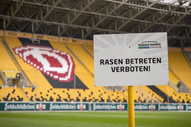 View into the empty Rudolf Harbig Stadium with the sign no turf allowed 17 03 2020, Dresden, football, GER, 2 Bundesliga, 2 BL, season 2019 2020, Rudolf Harbig Stadium, SG Dynamo Dresden