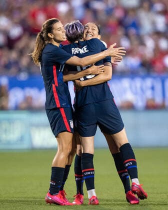 FRISCO, TX - MARCH 11: USA forward Christen Press ( 23), midfielder Tobin Heath ( 12), and midfielder Megan Rapinoe ( 15) celebrate PressÕ first half goal during the SheBelieves Cup soccer game between the USA and Japan on March 11, 2020, at Toyota Stadium in Frisco, TX. (Photo by Matthew Visinsky Icon Sportswire) SOCCER: MAR 11 Women s SheBelieves Cup - USA v Japan Icon200311044