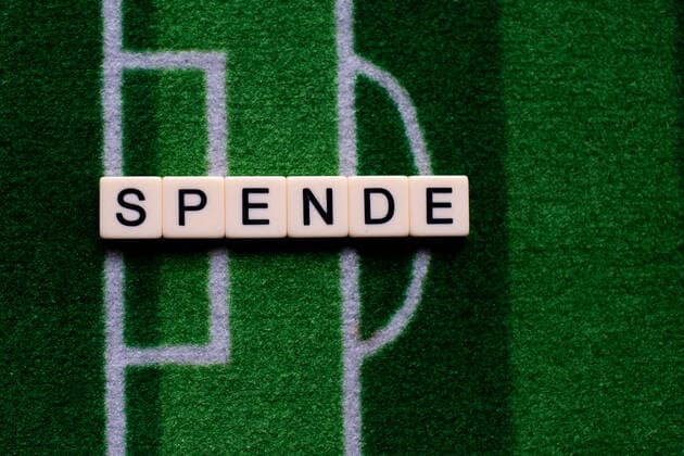 The coronavirus Covid 19 causes event cancellations of, for example, football matches of Bundesliga professionals for an indefinite period of time and many effects, in the picture The word donation on a football carpet Germany