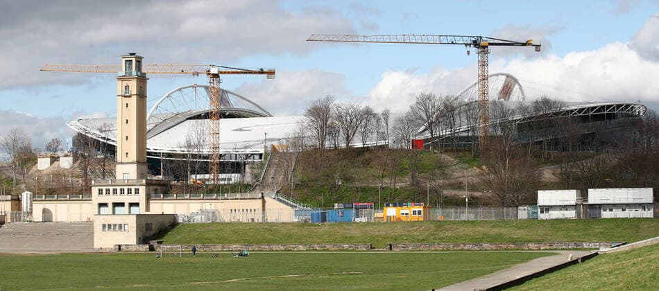 Red Bull Arena Leipzig, 21 03 2020, View of the Red Bull Arena, home of the Bundesliga football club RasenBallsport Leipzig RB Leipzig , In the picture outside view of the Red Bull Arena with bell tower and construction cranes ,