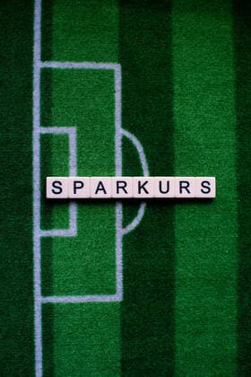 The corona virus Covid 19 causes event cancellations of, for example, football matches of Bundesliga professionals for an indefinite period of time and many effects, in the picture The word savings course on a football carpet Germany