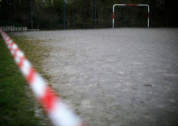 Düsseldorf, Germany, A football field at Sankt Franziskus Strasse in Düsseldorf, Germany, which was closed due to the corona virus on 23 03 2020