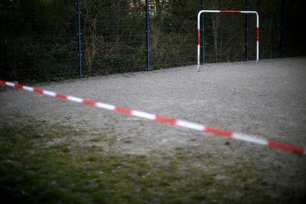 Düsseldorf, Germany, A football field at Sankt Franziskus Strasse in Düsseldorf, Germany, which was closed due to the corona virus on 23 03 2020