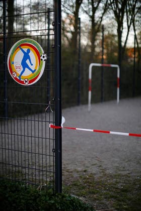 Düsseldorf, Germany, A football field at Sankt Franziskus Strasse in Düsseldorf, Germany, which was closed due to the corona virus on 23 03 2020