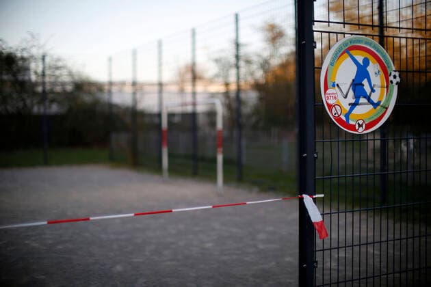 Düsseldorf, Germany, A football field at Sankt Franziskus Strasse in Düsseldorf, Germany, which was closed due to the corona virus on 23 03 2020