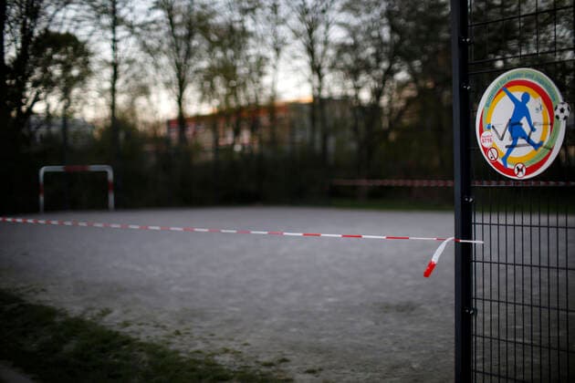 Düsseldorf, Germany, A football field at Sankt Franziskus Strasse in Düsseldorf, Germany, which was closed due to the corona virus on 23 03 2020