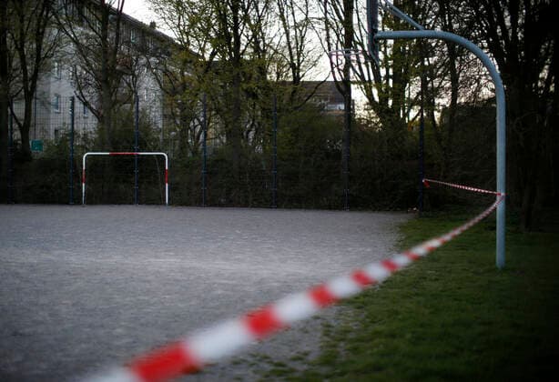 Düsseldorf, Germany, A football field at Sankt Franziskus Strasse in Düsseldorf, Germany, which was closed due to the corona virus on 23 03 2020