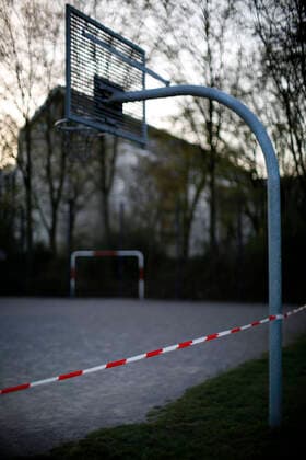 Düsseldorf, Germany, A football field at Sankt Franziskus Strasse in Düsseldorf, Germany, which was closed due to the corona virus on 23 03 2020