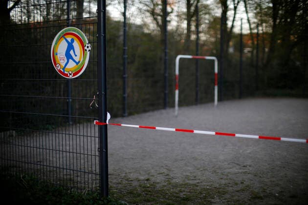 Düsseldorf, Germany, A football field at Sankt Franziskus Strasse in Düsseldorf, Germany, which was closed due to the corona virus on 23 03 2020