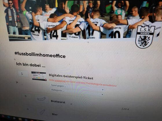 What do shaken football clubs do during the Corona Pandemic The regional league club Lüneburg SK Hansa offers its fans ghost tickets as well as bratwurst, beer and juniors donations in a symbolic way with the campaign fussballimhomeoffice in a virtual stadium All donors receive a thank you certificate from the club 24 March Ghost tickets during the Corona Pandemic, Lüneburg Lower Saxony Germany