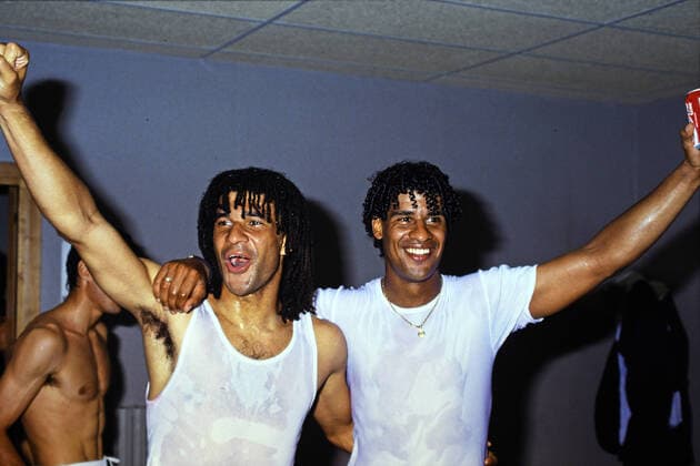 RUUD GULLIT, FRANK RIJKAARD, AC Milan, Celebrating after winning Italian League, Serie A, Napoli vs Milan 1-1, Napoli SERIE A 1991-92 NAPOLI-MILAN 1-1 FESTA SCUDETTO