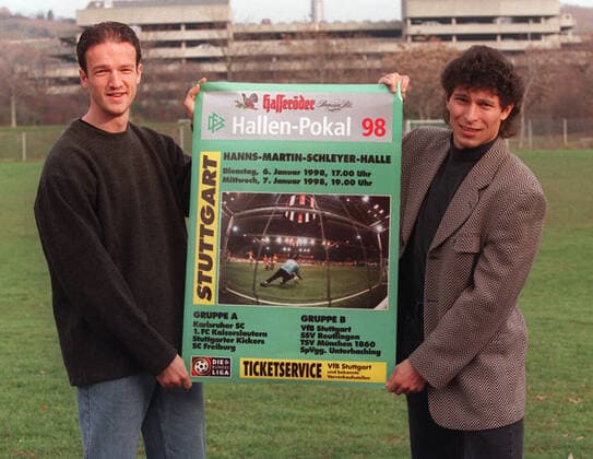 VfB Stuttgart Fredi Bobic and Krassimir Balakov with indoor tournament poster photo pack VfB Stuttgart Fredi Bobic and Krassimir Balakov with indoor tournament poster photo pack