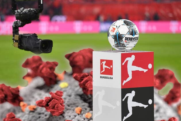 PHOTO MONTAGE Because of coronavirus pandemic Bundesliga is to start again with ghost games from May onwards Archivfoto Randmotiv Spidercam focuses the official match ball Derbystar Fussball 1 Bundesliga,11 matchday,Matchday11, FC Bayern Munich M Borussia Dortmund DO 4 0, on 09 11 2019 in Munich A L L I A N Z A R E N A, DFL REGULATIONS PROHIBIT ANY USE OF PHOTOGRAPHS AS IMAGE SEQUENCES AND OR QUASI VIDEO Â