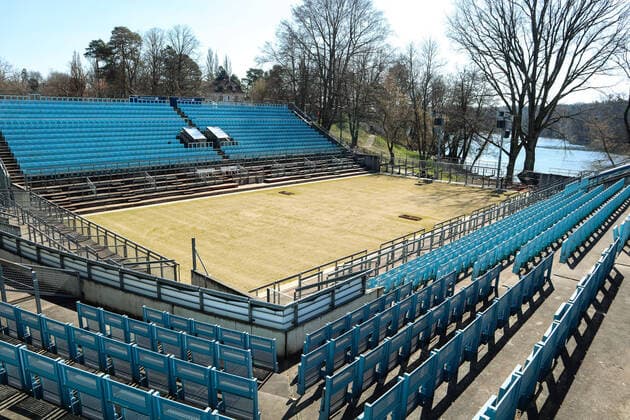 Steffi Graf Stadium in waiting mode for the lawn tournament, premiere start 2020 or 2021, LTTC Rot Weiß, Berlin, 01 04 2020,