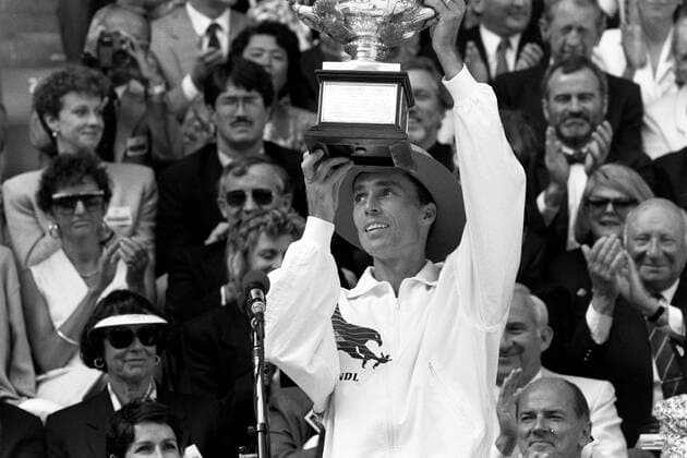 900128 Tennis, Australian Open Ivan Lendl of The Czech Republic celebrates with the trophy after a walk over win against Swedens Stefan Edberg in the Australian Open final on January 28, 1990 in Melbourne, Australia BILDBYRAN,  Copyright: ARNExFORSELL BB900128BB016