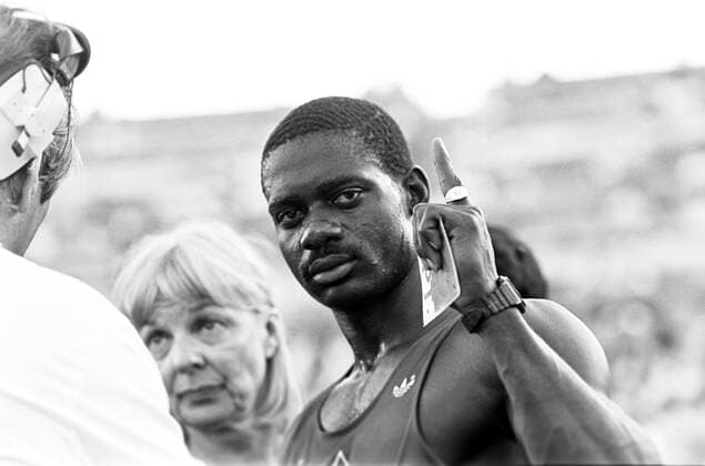 870830 Athletics, World Athletics Championships: Winner Ben Johnson, Canada, react after the 100 m final at The World Athletics Championships on August 30, 1987 in Rome, Italy. BILDBYRAN *** 870830 Athletics, World Athletics Championships Winner Ben Johnson, Canada, react after the 100 m final at The World Athletics Championships on August 30, 1987 in Rome, Italy BILDBYRAN,  Copyright: BILDBYRAN 870830005